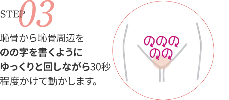 STEP033_恥骨から恥骨周辺をのの字を書くようにゆっくりと回しながら30 秒程度かけて動かします。